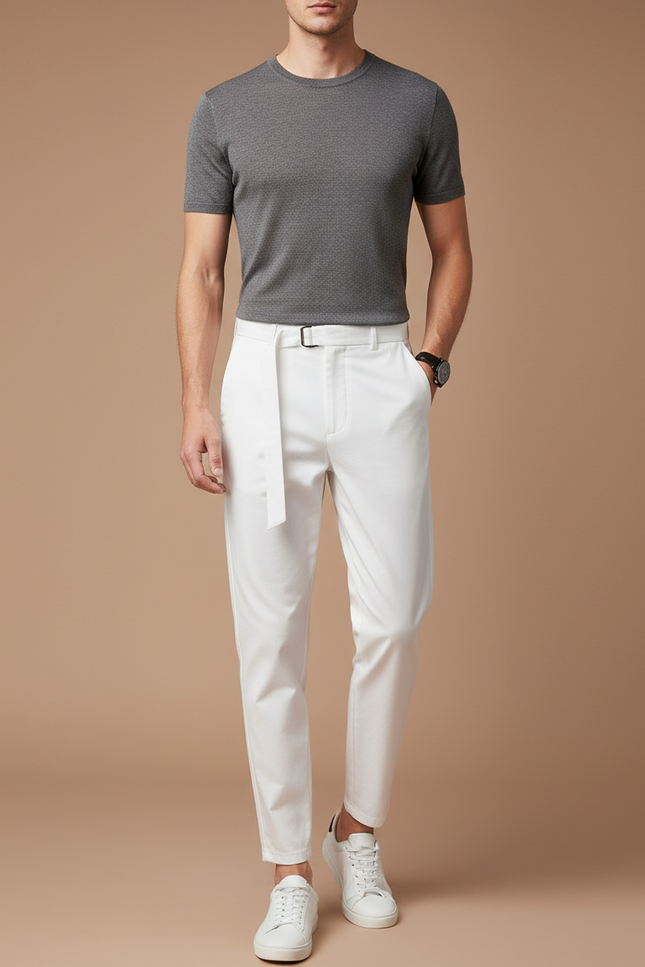 Pantalon Blanc Homme Élégant Ceinture Décontracté Slim - Gabardine