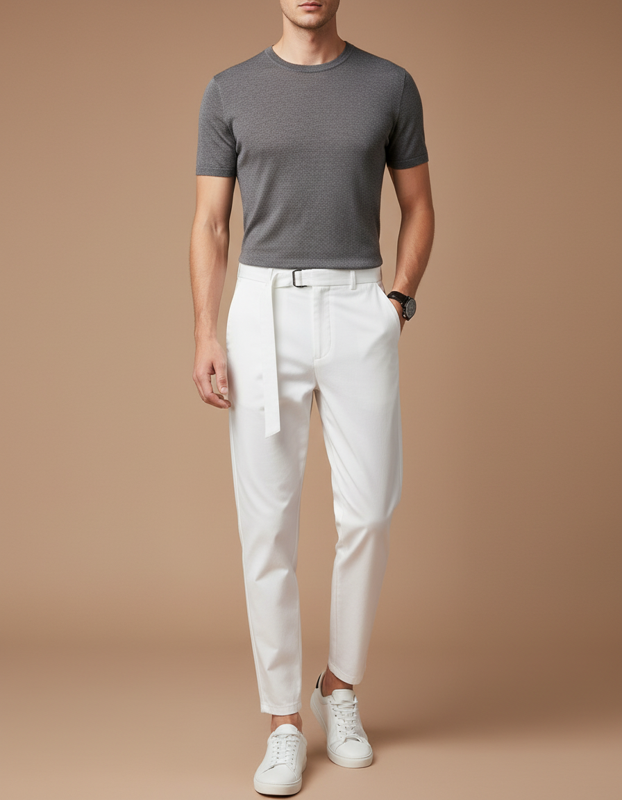 Pantalon Blanc Homme Élégant Ceinture Décontracté Slim - Gabardine