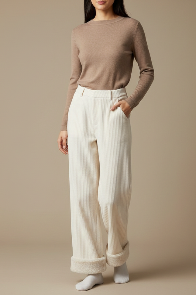 Pantalon Blanc Côtelé Ample Doublé Polaire Hiver - Cordé