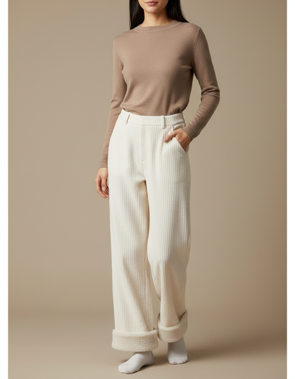 Pantalon Blanc Côtelé Ample Doublé Polaire Hiver - Cordé