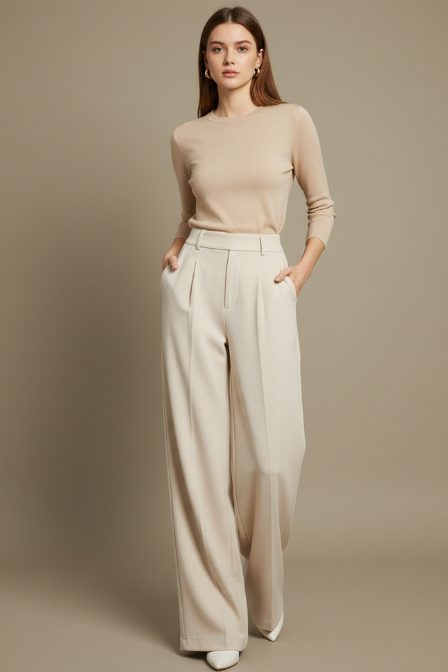 Pantalon Blanc Laine Large Taille Haute Drapé Femme - Beige