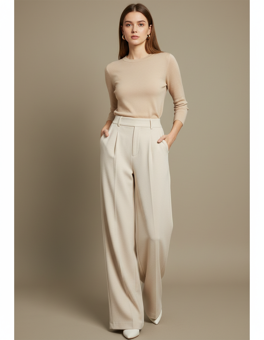 Pantalon Blanc Laine Large Taille Haute Drapé Femme - Beige