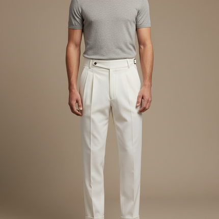 Pantalon Blanc Plissé Taille Haute Élégant Formel Homme - Gabardine