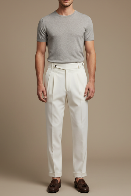 Pantalon Blanc Plissé Taille Haute Élégant Formel Homme - Gabardine
