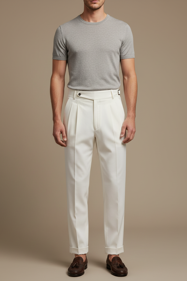 Pantalon Blanc Plissé Taille Haute Élégant Formel Homme - Gabardine