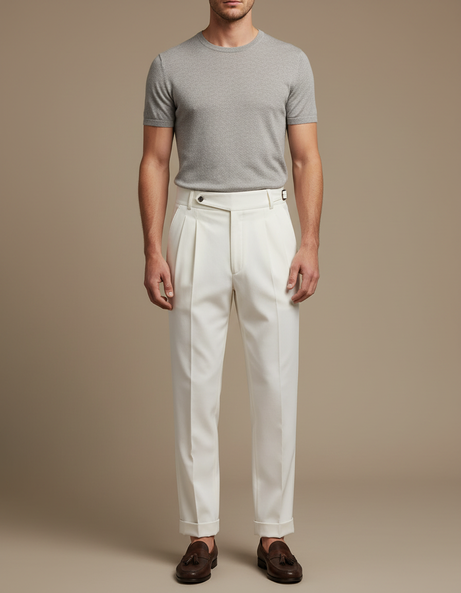 Pantalon Blanc Plissé Taille Haute Élégant Formel Homme - Gabardine