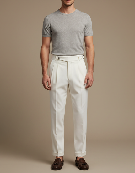 Pantalon Blanc Plissé Taille Haute Élégant Formel Homme - Gabardine