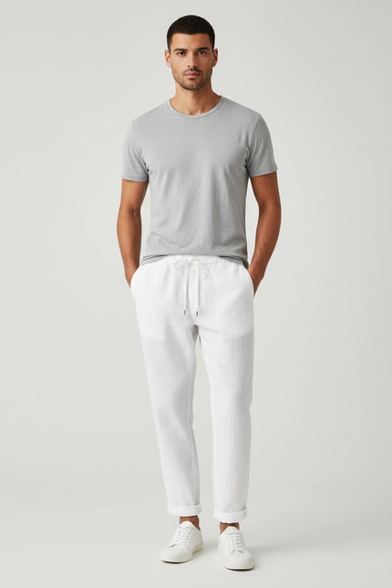 Pantalon Blanc Lin Décontracté Cheville Cordon Homme