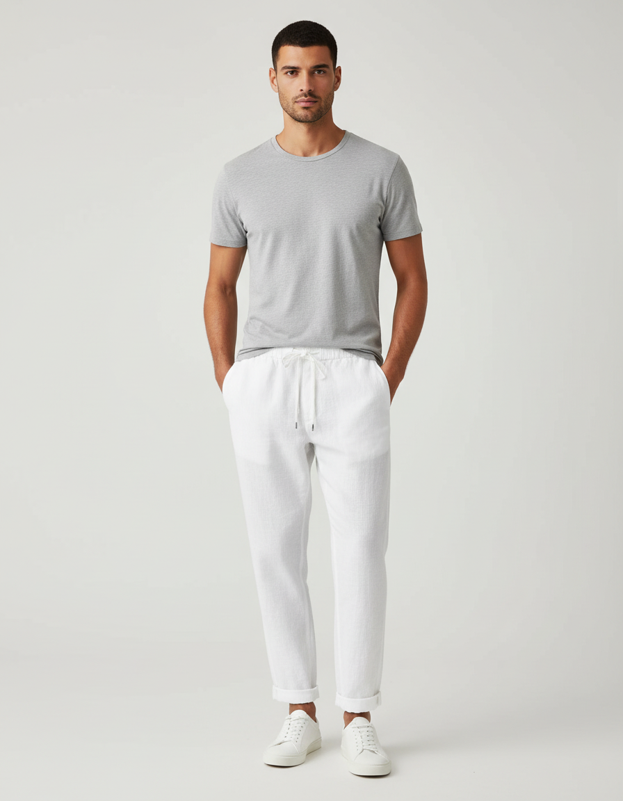 Pantalon Blanc Lin Décontracté Cheville Cordon Homme