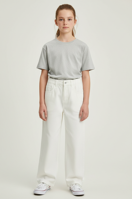 Pantalon Blanc Large Décontracté Fille Coton - Jean