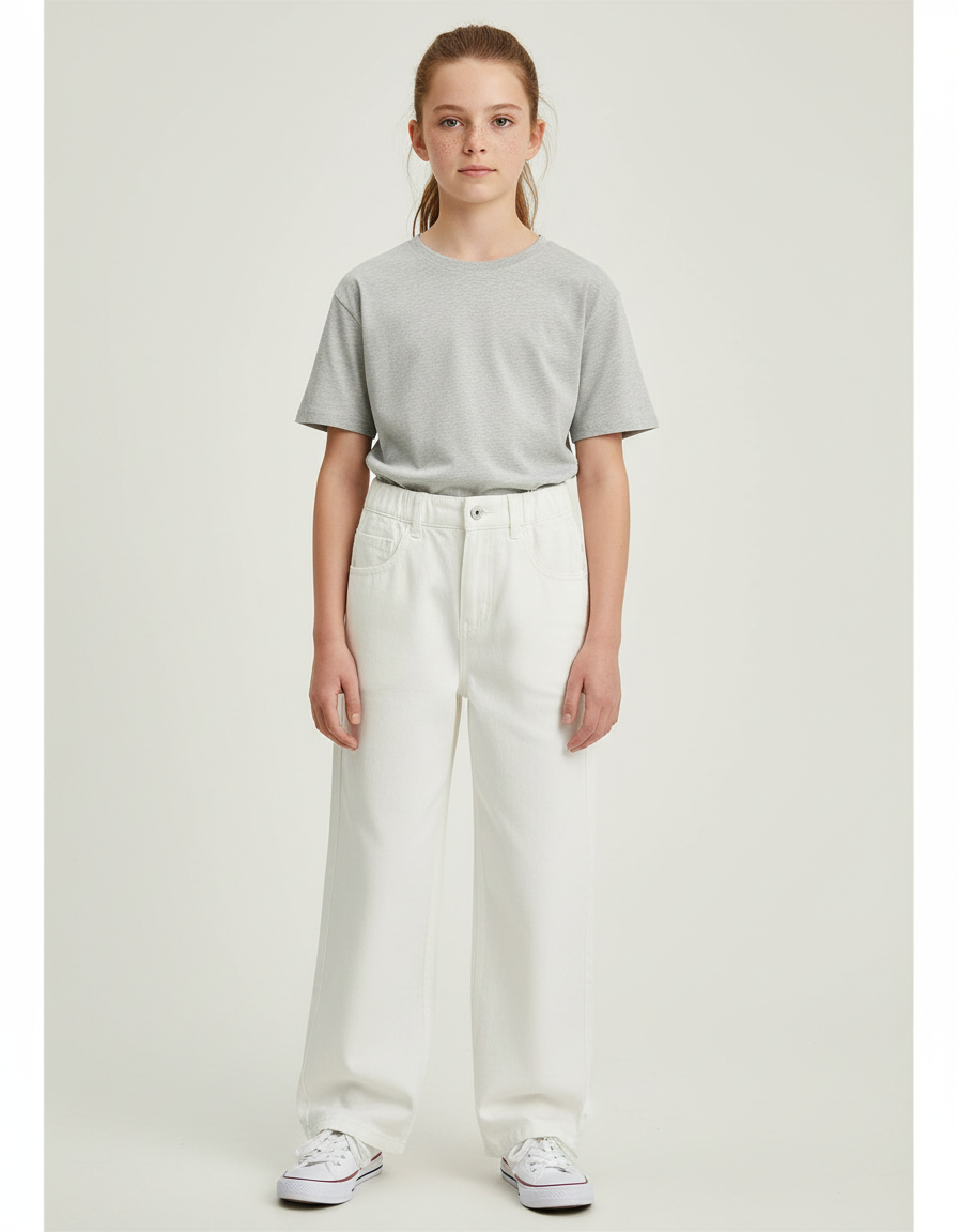 Pantalon Blanc Large Décontracté Fille Coton - Jean