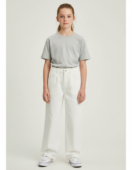 Pantalon Blanc Large Décontracté Fille Coton - Jean
