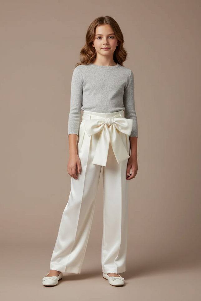 Pantalon Blanc Satiné Large Nœud Élégant Fille