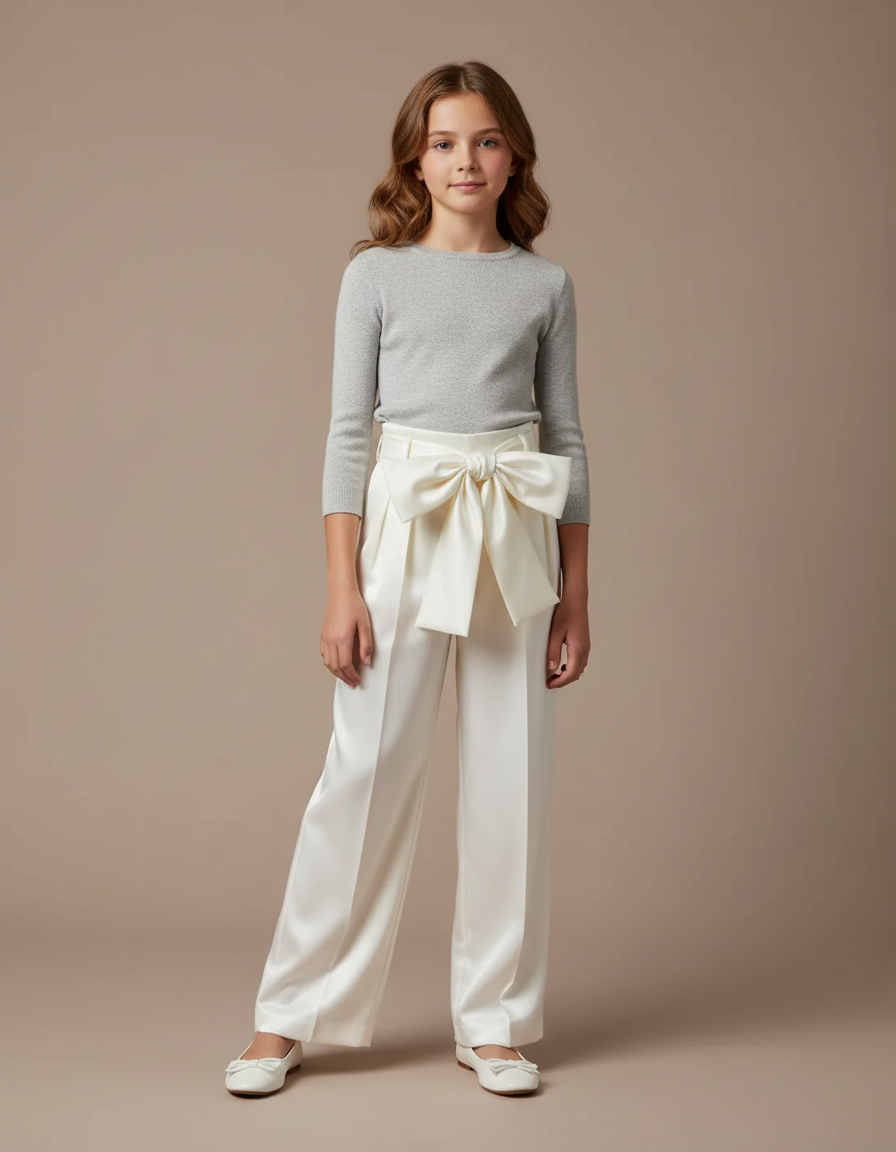 Pantalon Blanc Satiné Large Nœud Élégant Fille