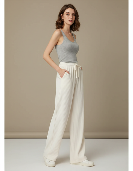 Pantalon Blanc Côtelé Droit Fluide Décontracté Femme - Maille