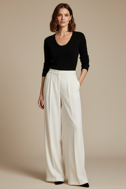 Pantalon Blanc Large Fluide Plissé Élégant Femme - Polyester