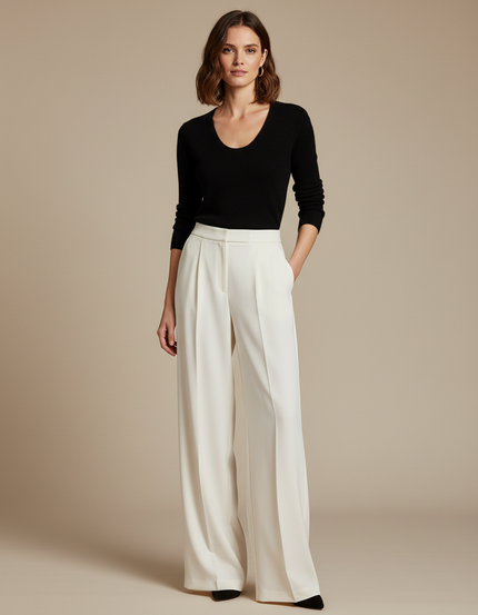 Pantalon Blanc Large Fluide Plissé Élégant Femme - Polyester