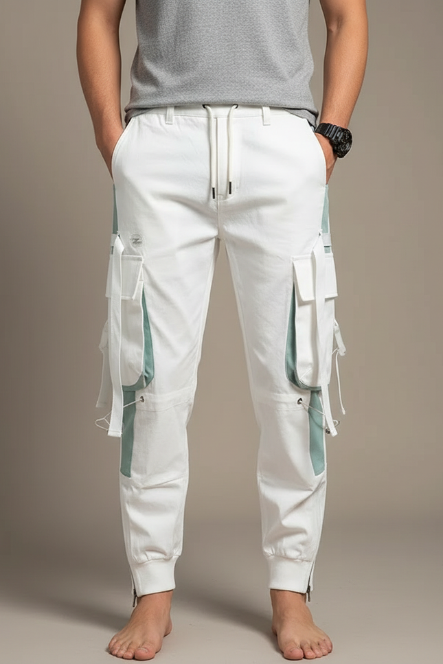 Pantalon Blanc Cargo Jogger Multi-poches Homme - Coton