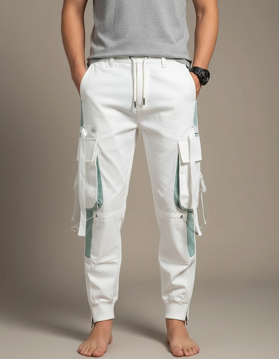 Pantalon Blanc Cargo Jogger Multi-poches Homme - Coton