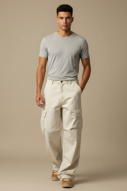 Pantalon Blanc Cargo Ample Streetwear Homme - Beige Toile