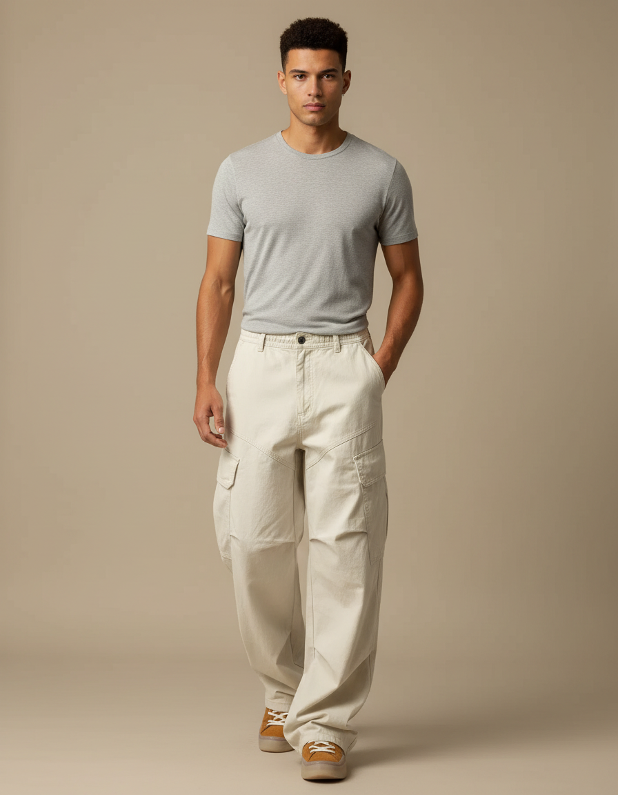 Pantalon Blanc Cargo Ample Streetwear Homme - Beige Toile