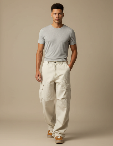 Pantalon Blanc Cargo Ample Streetwear Homme - Beige Toile