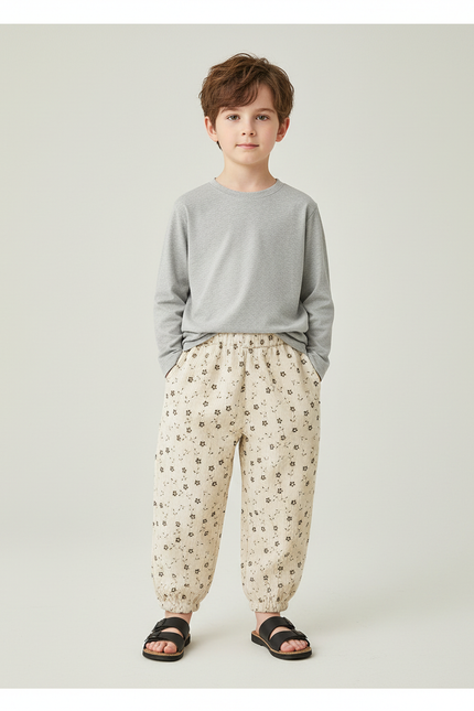 Pantalon Blanc Côtelé Floral Ample Enfant Décontracté - Beige Cordé
