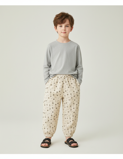 Pantalon Blanc Côtelé Floral Ample Enfant Décontracté - Beige Cordé