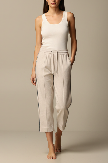 Pantalon Blanc Décontracté Coton Taille Haute Femme - Beige Molleton