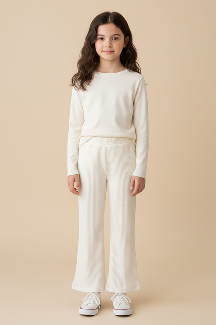Pantalon Blanc Évasé Texturé Confortable Enfant - Maille