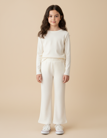 Pantalon Blanc Évasé Texturé Confortable Enfant - Maille