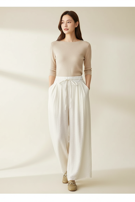 Pantalon Blanc Fluide Ample Lin Cordon Décontracté Femme