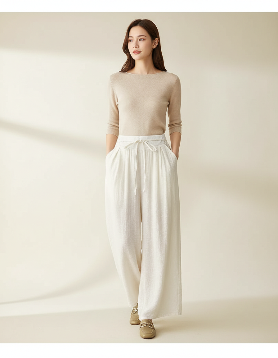 Pantalon Blanc Fluide Ample Lin Cordon Décontracté Femme