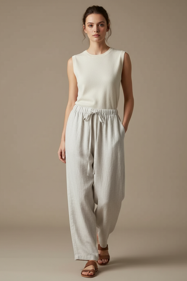 Pantalon Blanc Lin Fluide Ample Décontracté Cordon - Gris