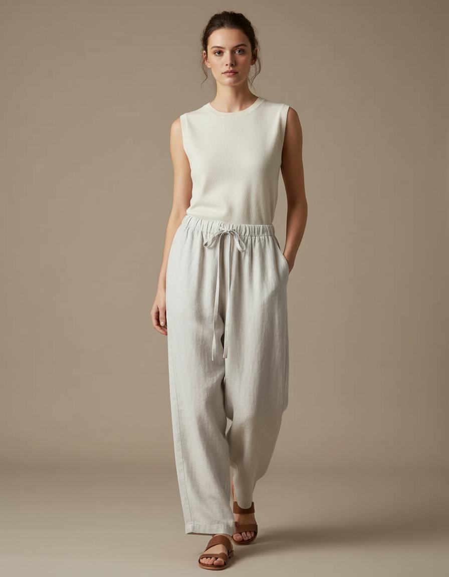 Pantalon Blanc Lin Fluide Ample Décontracté Cordon - Gris
