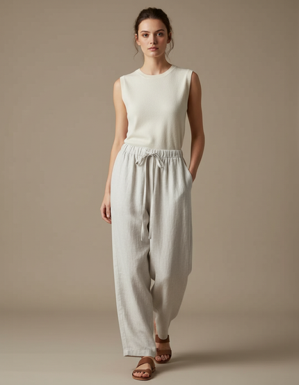 Pantalon Blanc Lin Fluide Ample Décontracté Cordon - Gris