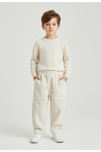 Pantalon Blanc Côtelé Ample Décontracté Poches Enfant - Beige Cordé