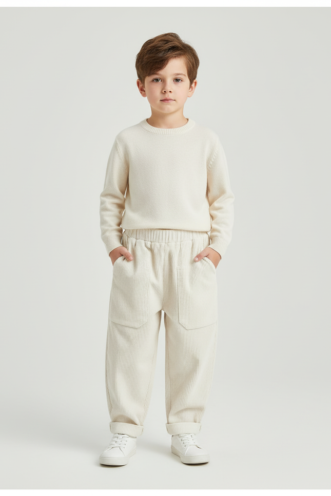 Pantalon Blanc Côtelé Ample Décontracté Poches Enfant - Beige Cordé