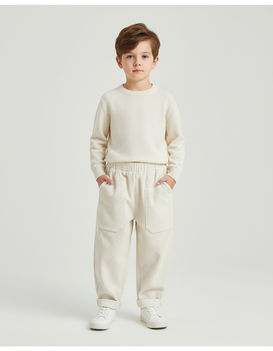 Pantalon Blanc Côtelé Ample Décontracté Poches Enfant - Beige Cordé
