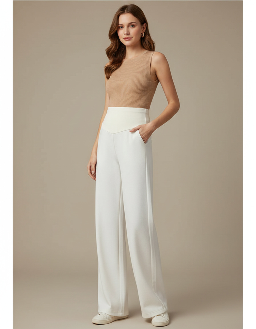 Pantalon Blanc Fluide Taille Haute Large Femme - Polyester