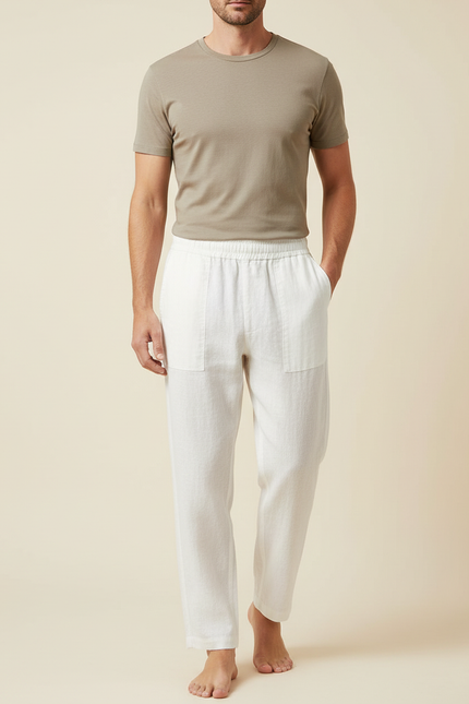 Pantalon Blanc Lin Décontracté Coupe Droite Homme