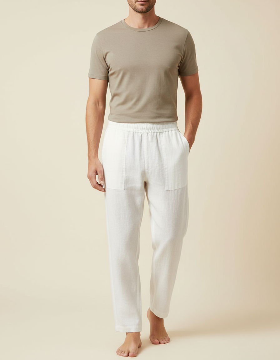 Pantalon Blanc Lin Décontracté Coupe Droite Homme