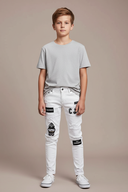 Pantalon Blanc Détruit Patches Garçon Skinny - Jean