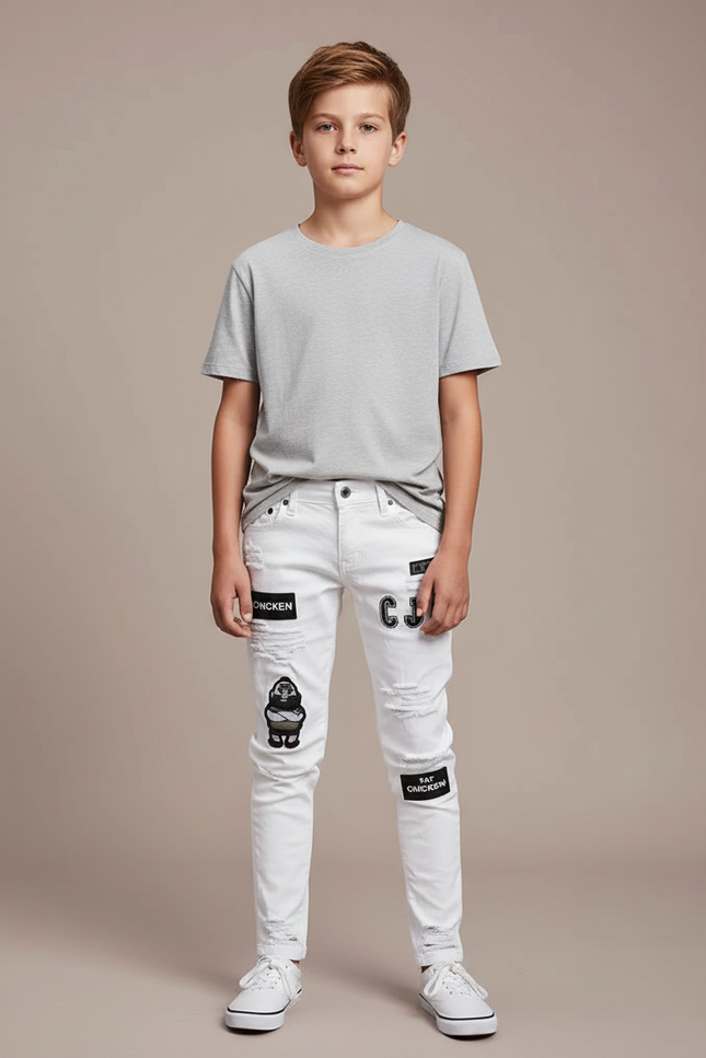 Pantalon Blanc Détruit Patches Garçon Skinny - Jean