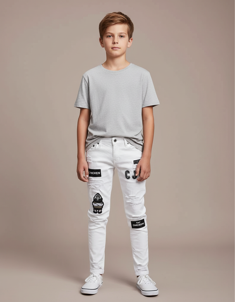 Pantalon Blanc Détruit Patches Garçon Skinny - Jean