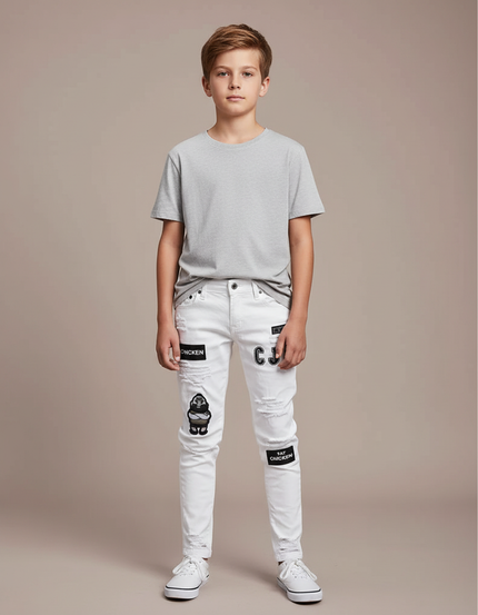 Pantalon Blanc Détruit Patches Garçon Skinny - Jean