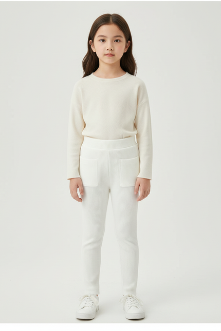 Pantalon Blanc Côtelé Tricoté Enfant Confortable - Maille