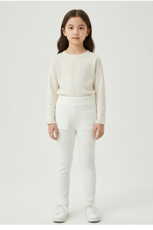 Pantalon Blanc Côtelé Tricoté Enfant Confortable - Maille