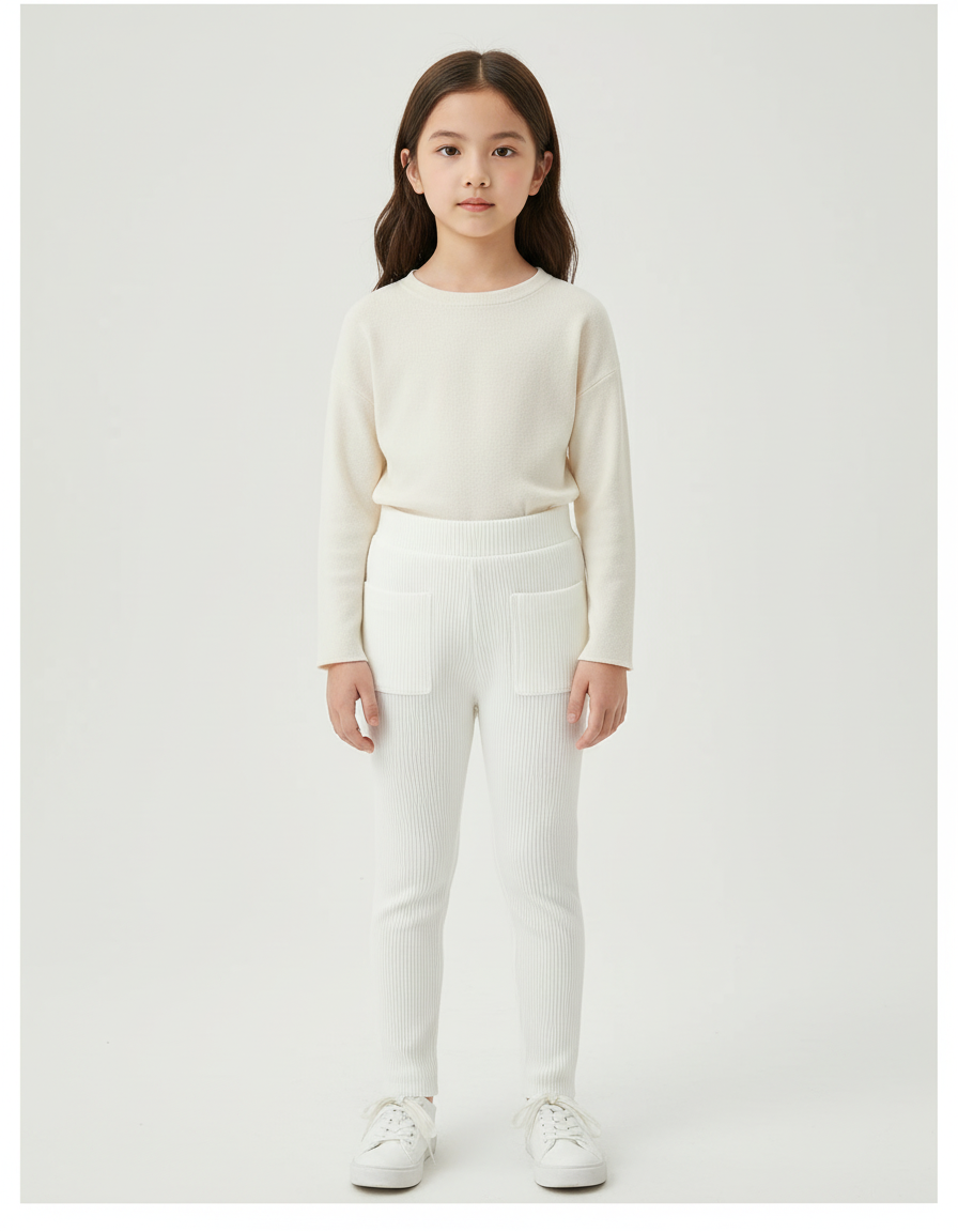 Pantalon Blanc Côtelé Tricoté Enfant Confortable - Maille