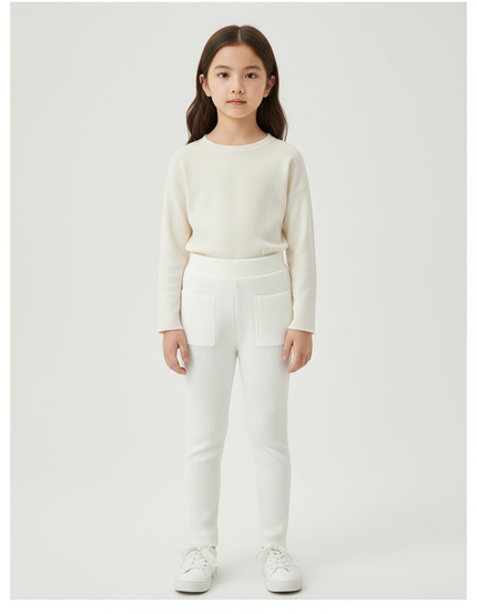 Pantalon Blanc Côtelé Tricoté Enfant Confortable - Maille